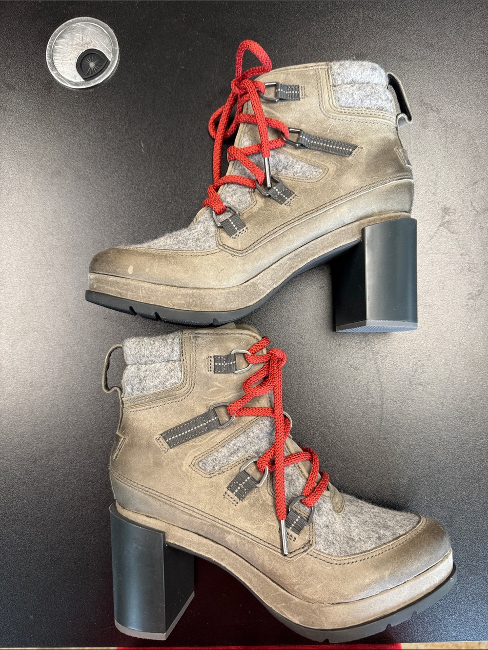 Sorel Taupe Suede & Gray Wool Lace-Up Boots with Red Laces